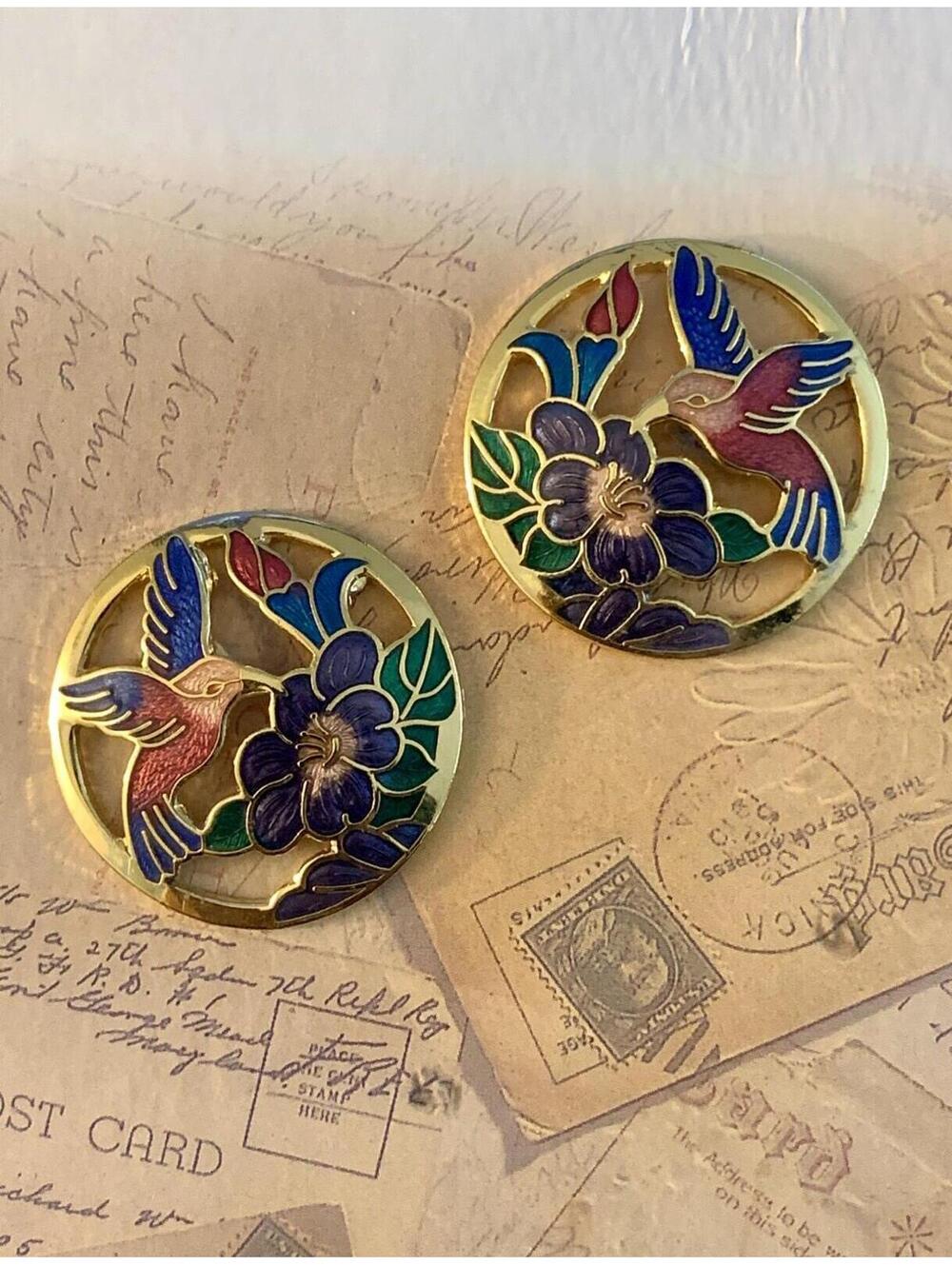 Genuine Cloisonne Hummingbird Blossoms Enameled Pierced Vintage Earrings Jewelry